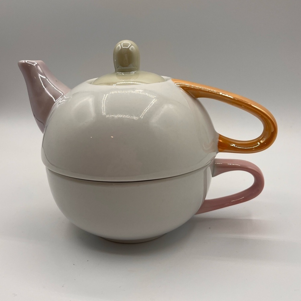 Stackable White Tea pot & Cup 16 oz Single Serve White Nesting Tea Party Vtg
